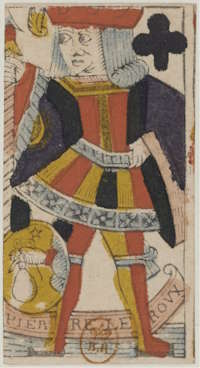 Den eldste forløperen til jokeren: kløverknekt, ca. 1656–1664. Forfatter: Pierre Leroux. Oppbevares i dag ved Bibliothèque nationale de France. Wikimedia Commons, public domain.