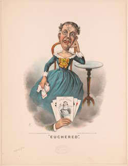 En karikatur med tittelen «Euchered», 1884. Kortet i forgrunnen viser en baby-jack-in-the-box med teksten «The Little Joker». Forfatter: F.C., Popular Graphic Arts. Oppbevares i dag ved Library of Congress. Wikimedia Commons, public domain.