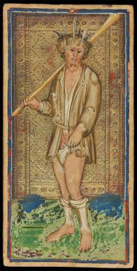 Det eldste bevarte Narren-kortet: Visconti-Sforza-kortstokken, 1466 (se Dummett 1980: 68–69). Forfattere: Bonifacio Bembo og Antonio Cicognara. Wikimedia Commons, public domain.