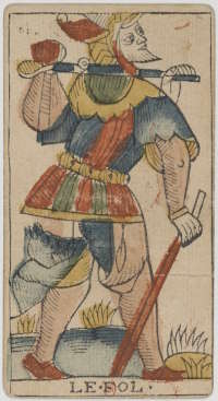 Narren fra Tarot de Marseille, 1701–1715. Forfatter: Jean Dodal. Wikimedia Commons, public domain.