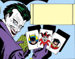 Åpningsruten i den første Joker-historien, tegnet av Bob Kane og med jokerkortet tegnet av Jerry Robinson. Teksten i billedteksten er fjernet. Batman #1, 1940. © DC Comics.
