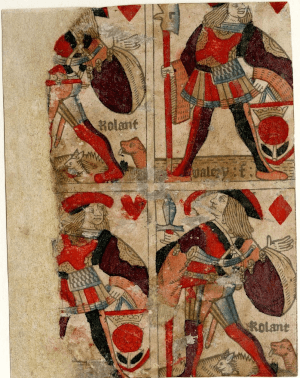 Et uklippet ark med franske spillkort, trykt i Rouen av Valery Faucil ca. 1516; oppbevares i dag ved British Museum. Creative Commons Attribution-NonCommercial-ShareAlike 4.0 International-lisens (CC BY-NC-SA 4.0). © The Trustees of the British Museum.