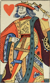 Hjerterkonge fra en fransk kortstokk produsert i Rouen ca. 1567. Benham 1931: 28, fig. 59.