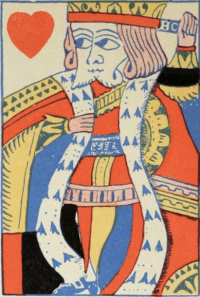 Hjerterkonge fra en fransk kortstokk produsert i England ca. 1750. Benham 1931: 28, fig. 60.