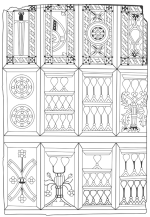 De eldste europeiske spillkortene fra Catalonia, tidlig på 1400-tallet. Et ubeskåret og ufarget ark i arabisk design; i dag ved Institut Municipal d'Història i Barcelona. Tegnet på nytt av Karolina Juszczyk etter illustrasjonen i Simon Wintles «Mauriske spillkort».