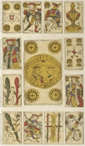 Et uklippet ark med spanske spillkort, 1574. Opprinnelig publisert i Museo español de antigüedades, bind 3, 1874. Wikimedia Commons, public domain.